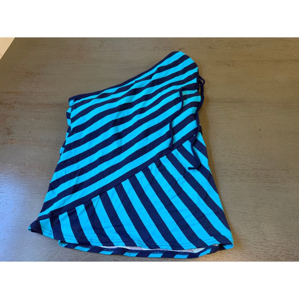DKNY One Shoulder Striped Swim Tankini Top Blue Navy Asymmetrical Size M